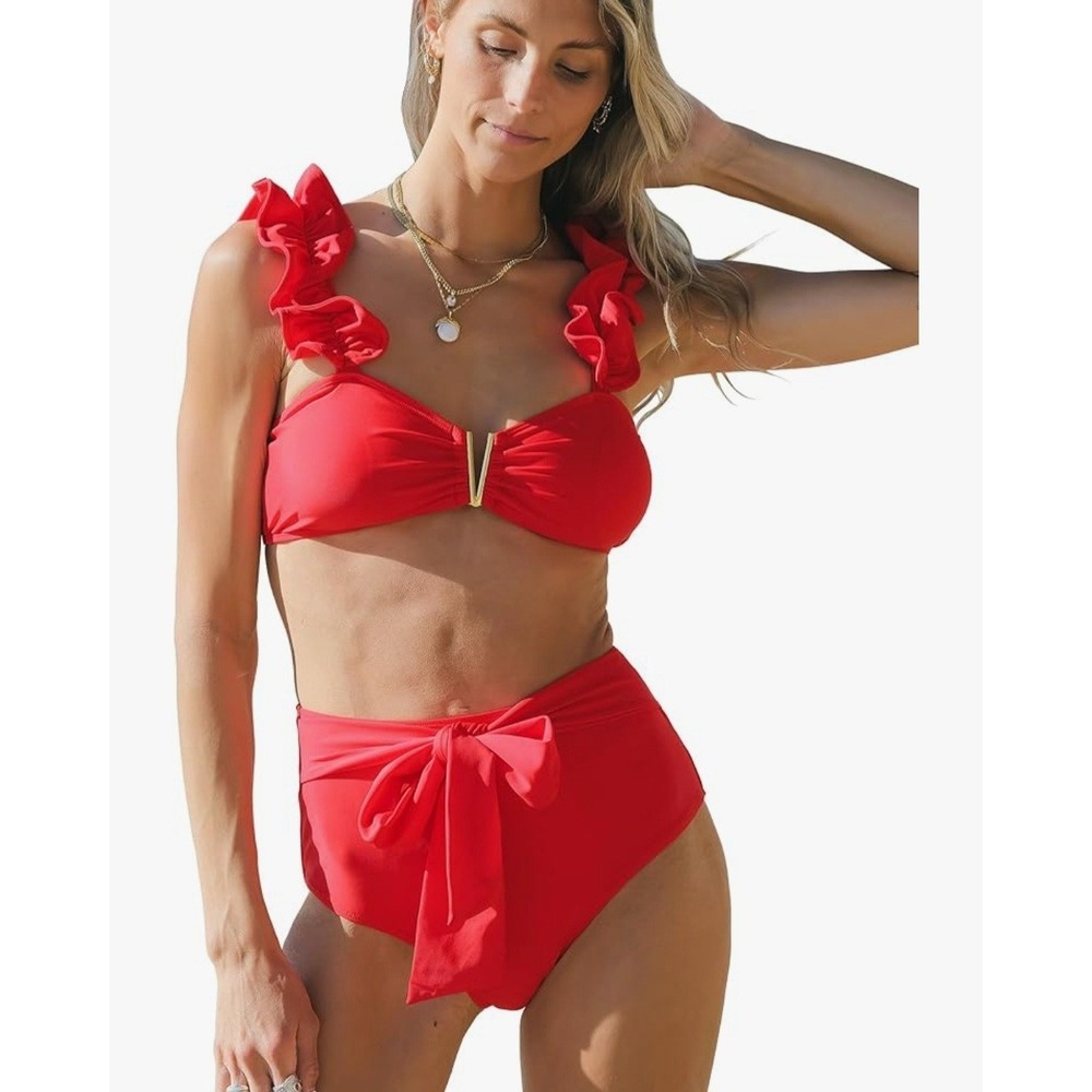 Sporlike High Waisted Ruffle Shouldee Tie Red Adjustable Two-Piece Bikini S NWT